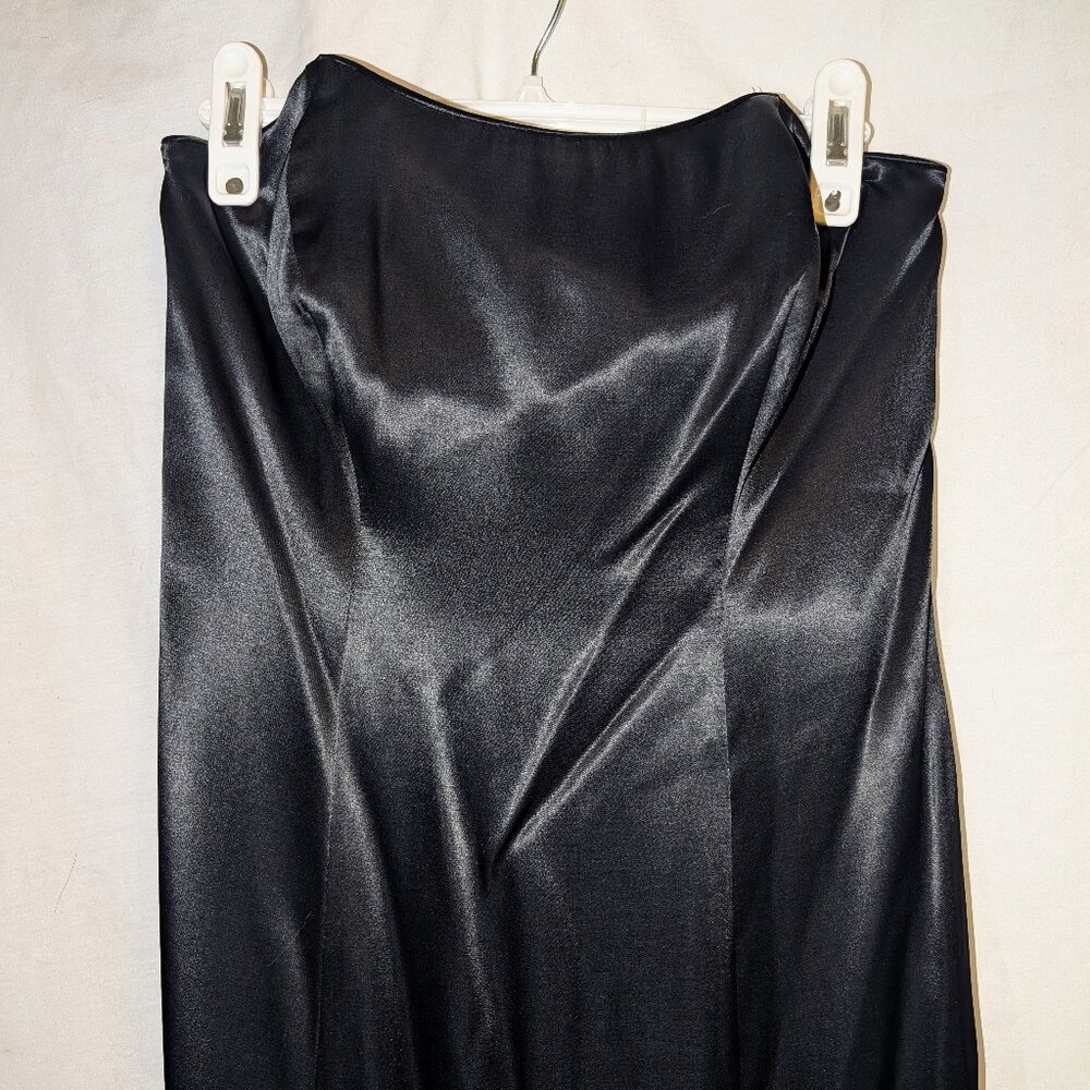 Original 90s Hugo Buscati, size 8, strapless mermaid black satin gown.